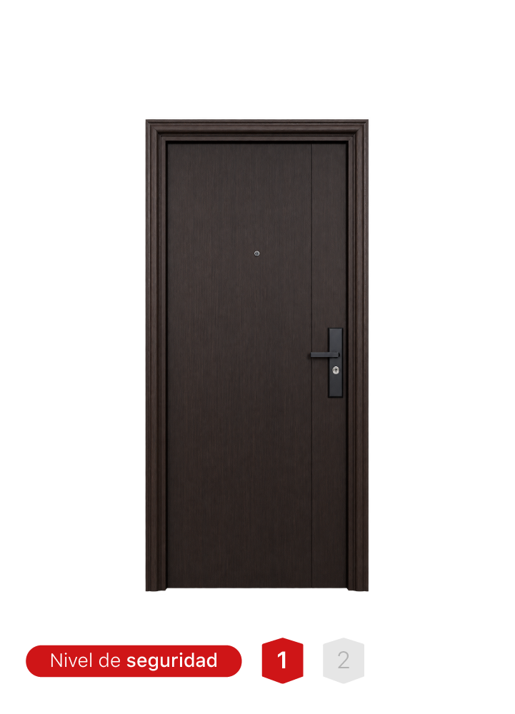 Puerta de seguridad TPA04 con 14 pines, bisagras invisibles y acabado madera.