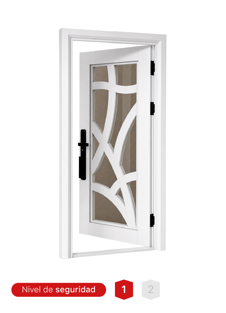 Modelo N725-A de puerta de seguridad con 70 mm de espesor y vidrio espejo para mayor privacidad.
