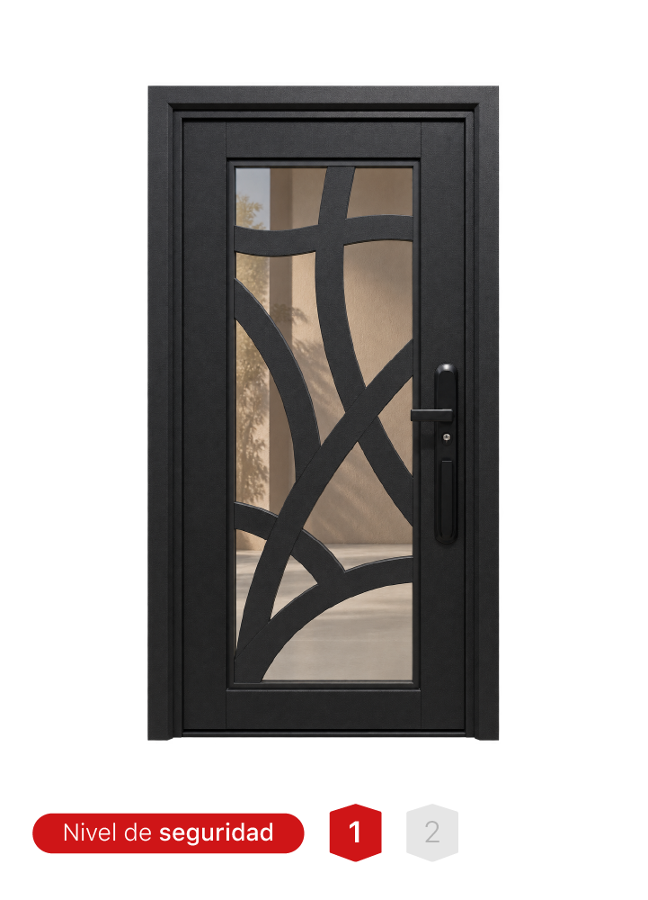 Puerta de acero N725-A con acabado blanco mate y panel de vidrio templado.