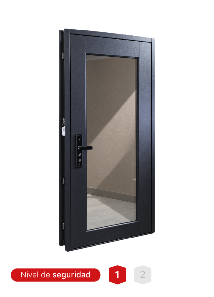 Modelo de puerta N725-A blanca con estructura de acero y tres bisagras invisibles.