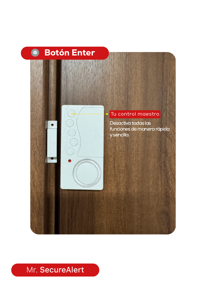 Alarma doméstica compacta con botón de encendido visible