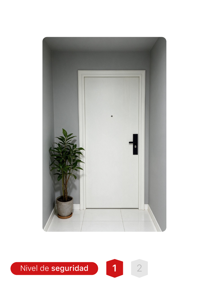 Puerta de seguridad T04 con mirilla de 180°, apertura de 90° y 4 bisagras invisibles.
