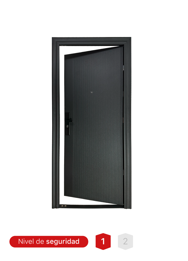 Puerta de seguridad Nivel 1 MR. T07 con acabado negro mate texturizado y bisagras invisibles.
