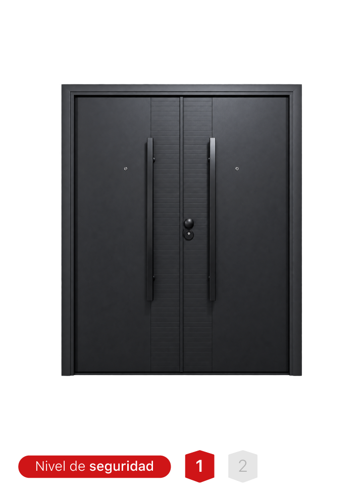 Puerta de seguridad de doble hoja TL2503 con 50 mm de espesor y 8 bisagras invisibles.