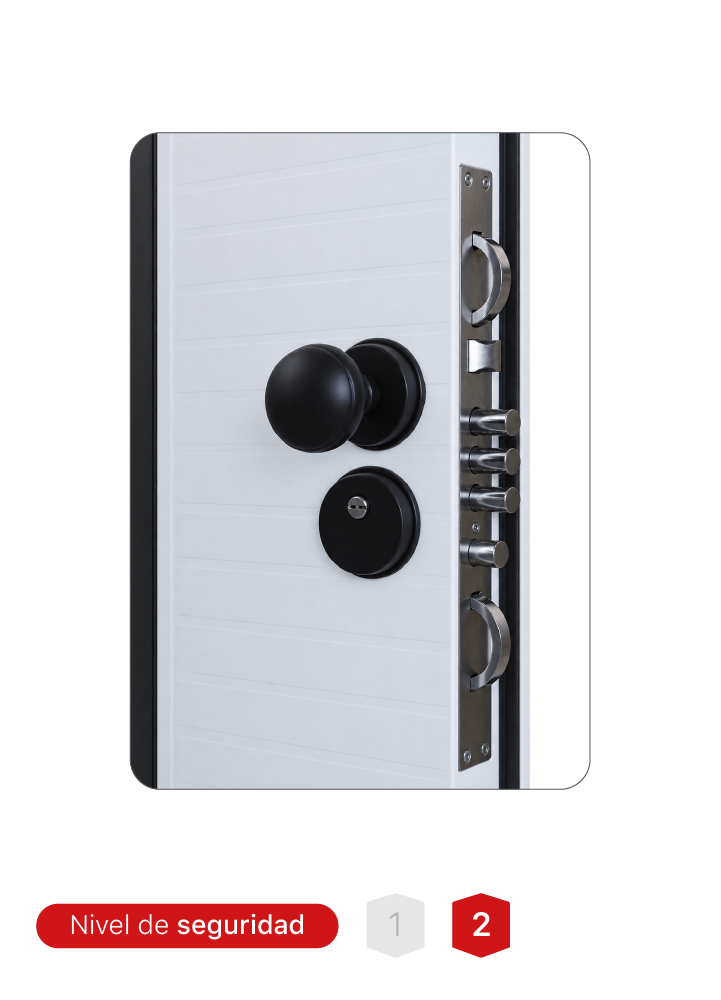 Puerta blanca MR. TL2503-A con hoja de 70 mm, bisagras invisibles y sistema de seguridad.