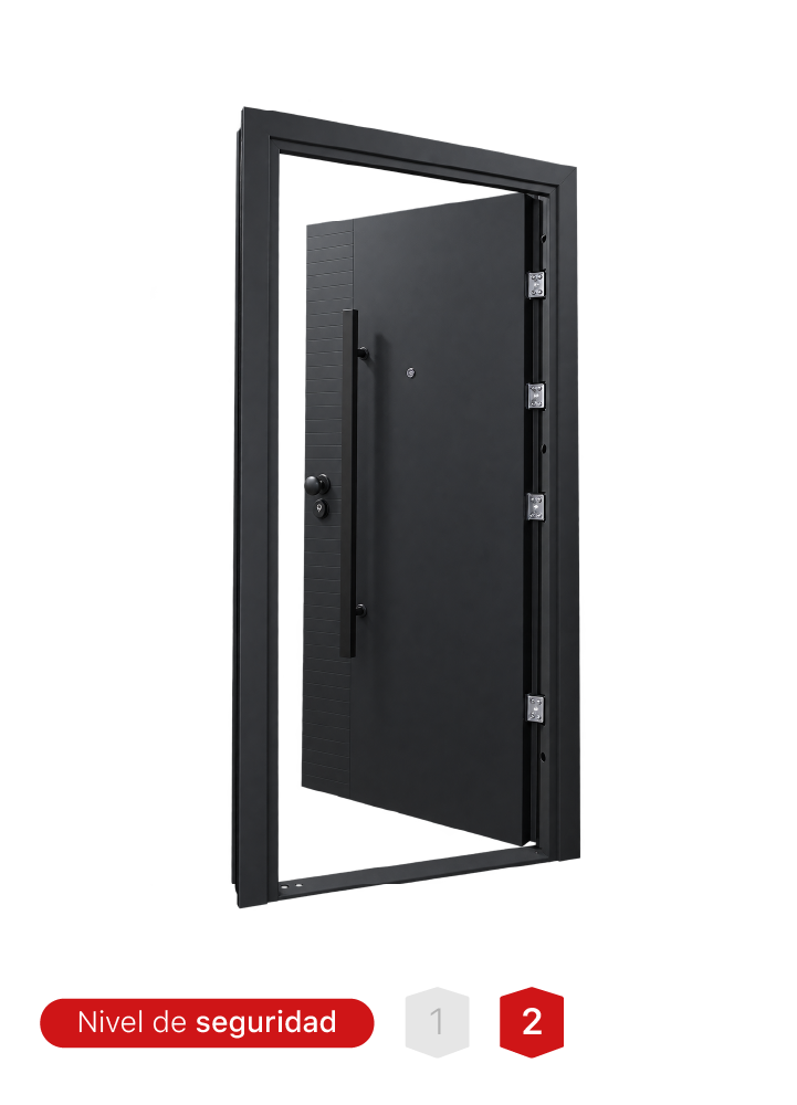 Puerta negra MR. TL2503 con hoja de 70 mm, bisagras invisibles y sistema de seguridad.