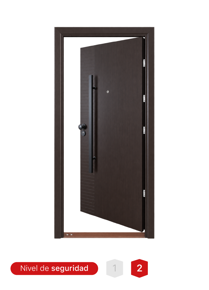 Puerta wengue MR. TL250-A con hoja de 70 mm, bisagras invisibles y sistema de seguridad.