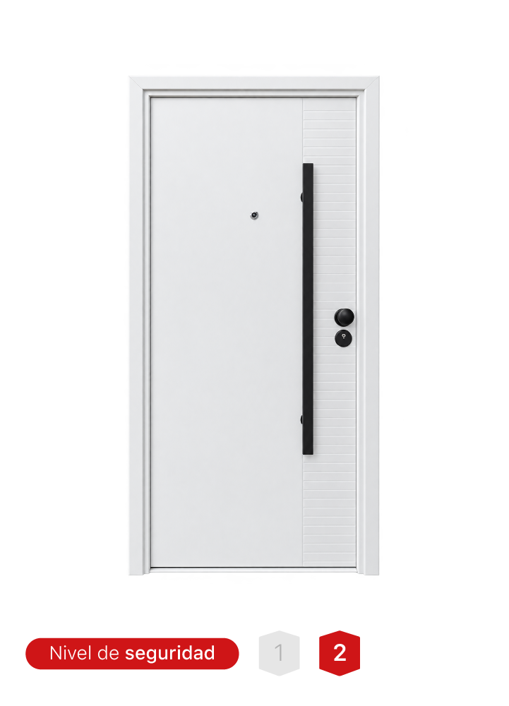 Puerta de seguridad MR. TL2503-A blanca de acero con acabado mate y 17 pines de seguridad.