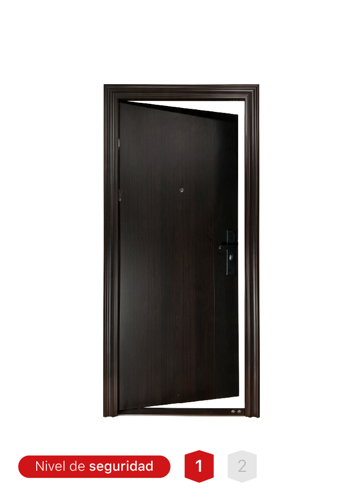Puerta de seguridad TPA04 con 14 pines, bisagras invisibles y acabado madera.