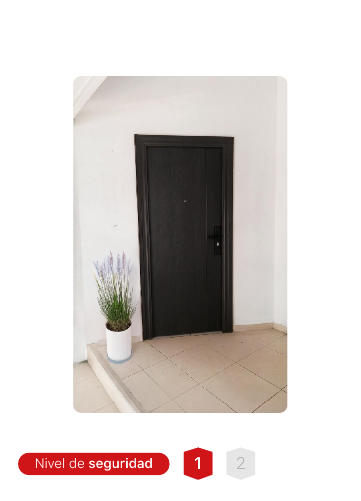 Puerta de seguridad TPA04 para hogar con mirilla de 180°, 4 bisagras invisibles y acabado madera.